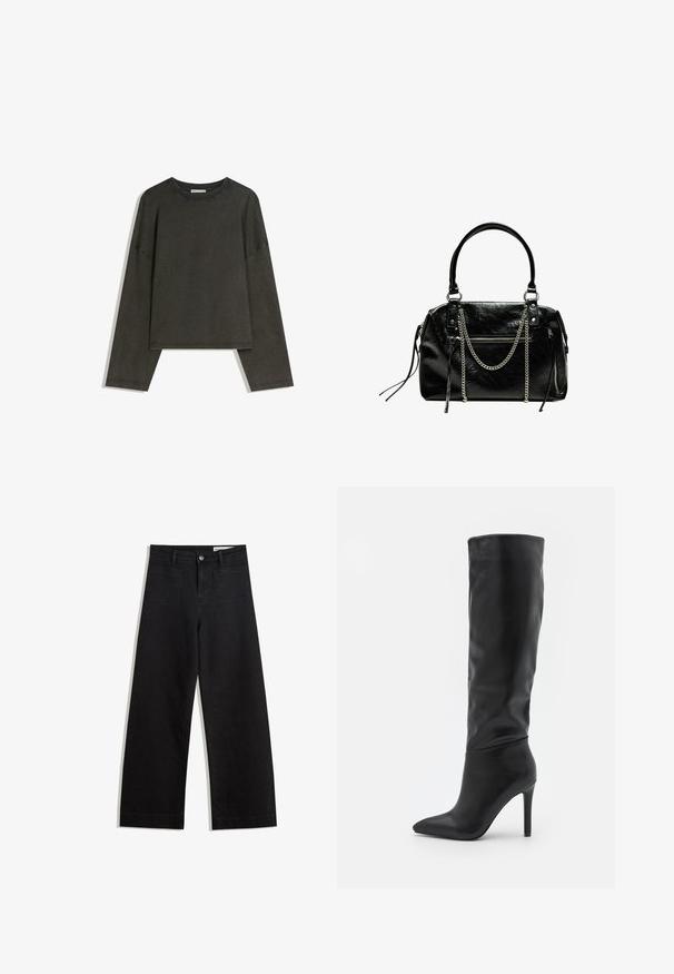 Donkergrijze lange-mouwen top gemaakt van een katoenmix. Boxy vorm met een ronde halslijn en verlaagde schouders, met zichtbare stiksels.; Zwarte denim broek met wijde pijpen en een hoge taille, voorzien van voor- en achterzakken, gestikte naden en een knoopsluiting. Gladde textuur.; RAID TALISHA - Laarzen - black; Bershka WITH CHAIN - Handtas - black