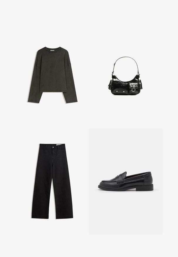 Dark grey long-sleeve top made of cotton-blend fabric. Boxy shape with a round neckline and dropped shoulders, featuring visible stitching.; Black wide-leg denim pants with a high waist, featuring front and back pockets, stitched seams, and a button closure. Smooth texture.; Black leather loafers with a smooth texture, rounded toe, stitched detailing on the upper, and a low, flat rubber sole.; Black patent leather handbag with a curved shape, one shoulder strap, front pockets, and silver-tone hardware accents.