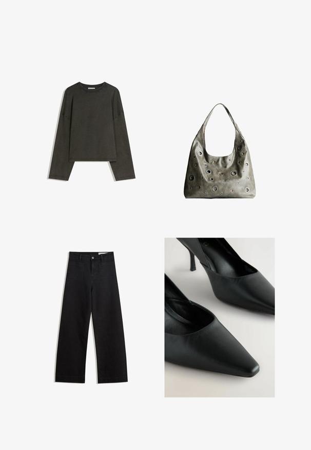 Donkergrijze lange-mouwen top gemaakt van een katoenmix. Boxy vorm met een ronde halslijn en verlaagde schouders, met zichtbare stiksels.; Zwarte denim broek met wijde pijpen en een hoge taille, voorzien van voor- en achterzakken, gestikte naden en een knoopsluiting. Gladde textuur.; Zwarte leren hoge hakken met een spitse neus, slanke stilettohak en een gladde textuur. Heeft een V-vormig ontwerp aan de zijkanten.; Olijfgroene leren handtas met een slungelig ontwerp, voorzien van rondvormige uitsparingen van verschillende groottes en accenten in donkerdere en lichtere tinten.