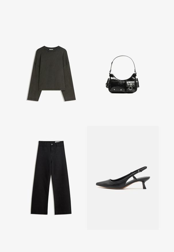Haut à manches longues gris foncé en tissu mélangé coton. Forme oversize avec un col rond et des épaules basses, présentant des coutures visibles.; Pantalon en denim noir à jambes larges avec une taille haute, comprenant des poches avant et arrière, des coutures piquées et une fermeture à bouton. Texture lisse.; Chaussure slingback en cuir noir avec un bout pointu, un petit talon bloc, des découpes sur les côtés et une bride à la cheville ajustable. Texture lisse sur toute la chaussure.; Sac à main en cuir verni noir avec une forme incurvée, une bandoulière, des poches avant et des accents en métal argenté.