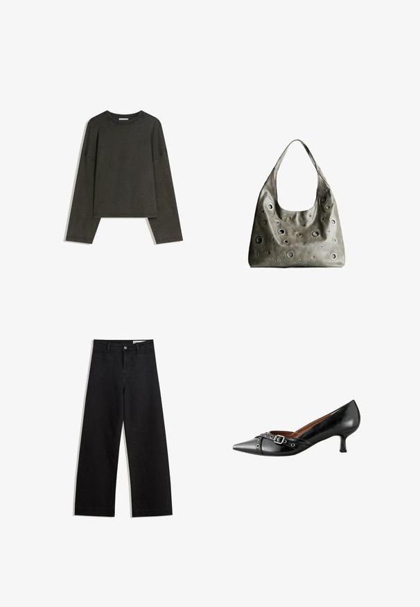 Tricou lung cu maneci gri închis, realizat dintr-un amestec de bumbac. Formă pătrată cu guler rotund și umeri căzuți, prezentând cusături vizibile.; Pantaloni din denim negri cu picioare largi, cu talie înaltă, având buzunare frontale și posterioare, cusături dublate și închidere cu nasture. Textură netedă.; Pantofi negri din piele cu vârful ascuțit, toc curbat și cataramă decorativă. Prezintă o textură netedă și o curea contrastantă cu accente metalice.; Geantă din piele de culoare verde măslin, cu un design relaxat, având decupaje circulare de diverse dimensiuni și accente în nuanțe mai închise și mai clare.