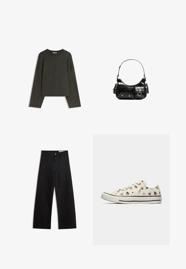 Sötétszürke, hosszú ujjú felső, pamut-összeállítású anyagból. Téglalap alakú, kerek nyakkivágással és lejjebb húzott vállakkal, látható varrásokkal.; Fekete, bő szabású farmernadrág magas derékkal, elülső és hátsó zsebekkel, varrott felületekkel és gombos záródással. Sima textúra.; Fehér, alacsony szárú tornacipő, amelyet színes, kis virágminták díszítenek, és fehér fűzőkkel van ellátva, a belső oldaláról nézve, egy egyszerű háttér előtt.; Fekete lakkbőr kézitáska ívelt formával, egy vállpánttal, elülső zsebekkel és ezüstszínű fémrészletekkel.