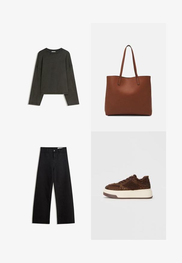 Dark grey long-sleeve top made of cotton-blend fabric. Boxy shape with a round neckline and dropped shoulders, featuring visible stitching.; Black wide-leg denim pants with a high waist, featuring front and back pockets, stitched seams, and a button closure. Smooth texture.; Brown platform sneakers featuring textured fabric with sparkly accents, a plush collar, and a durable rubber sole.; Brown leather tote bag with a smooth texture, open top design, and two shoulder straps. Features minimal stitching and no visible hardware.