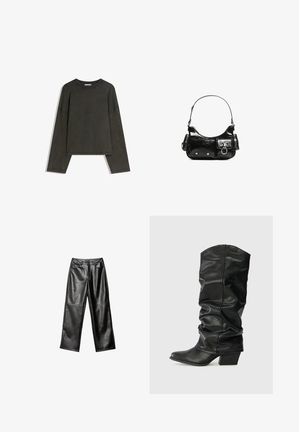 Tmavě šedý dlouhý rukáv top vyrobený z bavlněné směsi. Krabicový střih s kulatým výstřihem a spadlými rameny, s viditelným šitím.; Černé kožené kalhoty s širokými nohavicemi, hladkým povrchem, pěti kapsami a prošitím podél nohavic a pásku.; Černé kožené vysoké boty po kolena se sklopeným designem, špičatou špičkou a masivním podpatkem, s hladkým povrchem a minimálním šitím.; Černá lakovaná kožená kabelka s křivkovým tvarem, jedním ramenním popruhem, předními kapsami a stříbrnými kovovými detaily.