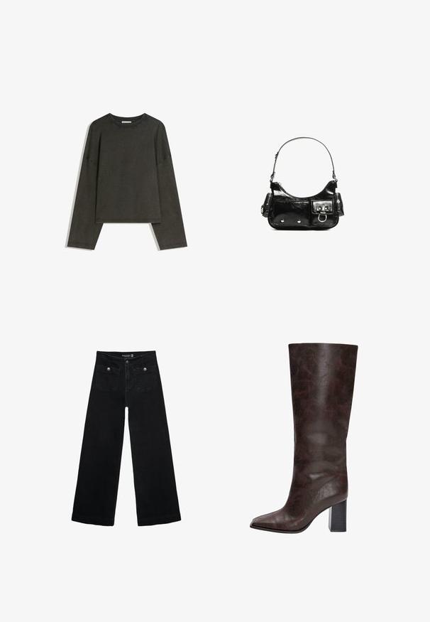 Dunkelgraues Langarmshirt aus Baumwoll-Mischgewebe. Boxy-Schnitt mit Rundhalsausschnitt und überschnittenen Schultern, mit sichtbaren Nähten.; Schwarze, weit geschnittene Jeans mit hoher Taille, die zwei Fronttaschen und metallene Knopfakzente aufweist. Der Stoff hat eine glatte Textur.; Braune Kunstleder kniehohe Stiefel mit einer spitzen Zehenform, einer strukturierten Oberfläche und einem klobigen schwarzen Absatz. Glatte Oberfläche, minimale Details.; Schwarze Lackleder-Handtasche mit geschwungenem Design, einem Schulterriemen, Vordertaschen und silberfarbenen Hardware-Akzenten.