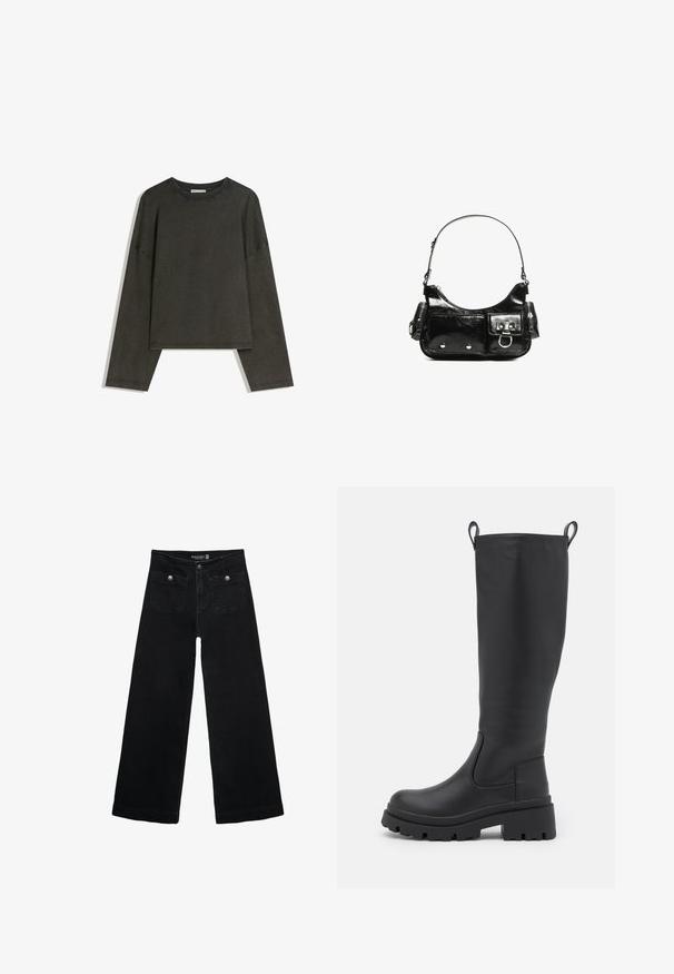 Tmavo šedý dlhý rukáv top vyrobený z bavlneného materiálu. Štvorcový strih s okrúhlym výstrihom a spustenými ramenami, s viditeľným stehom.; Čierne široké nohavice s vysokým pásom, s dvoma prednými vreckami a kovovými detailmi na gombíku. Tkanina má hladkú textúru.; Čierne čižmy po kolená vyrobené z hladkej kože s robustnou podrážkou a miernym podpätkom. Obsahujú úchytky a elastické bočné panely pre jednoduché obúvanie.; Čierna laková kožená kabelka s ohnutým tvarom, jedným ramenným popruhom, prednými vreckami a striebornými kovovými doplnkami.