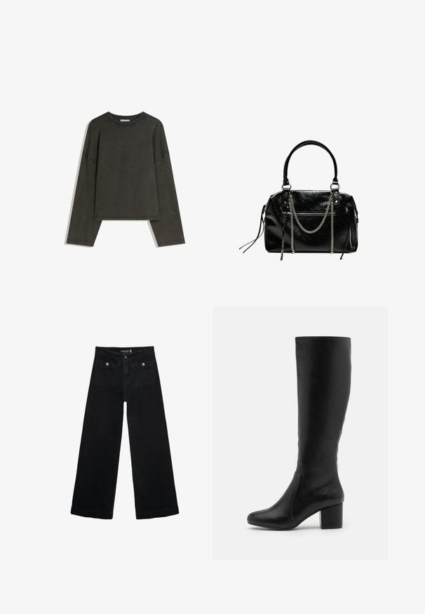 Tummanharmaa pitkähihainen paita, joka on valmistettu puuvillasekoitekankaasta. Laatikkomainen muoto, jossa on pyöreä pääntie ja tiputetut olkapäät, sisältäen näkyvää ommelta.; Mustat leveälahkeiset farkut korkean vyötärön kanssa, joissa on kaksi etutaskua ja metalliset nappikoristeet. Kangas on sileä.; Polvisteiset mustat nahkasaappaat, joissa on sileä pinta, pyöreä kärki, sivupaneeli ja paksu lohkokorko.; Bershka WITH CHAIN - Käsilaukku - black