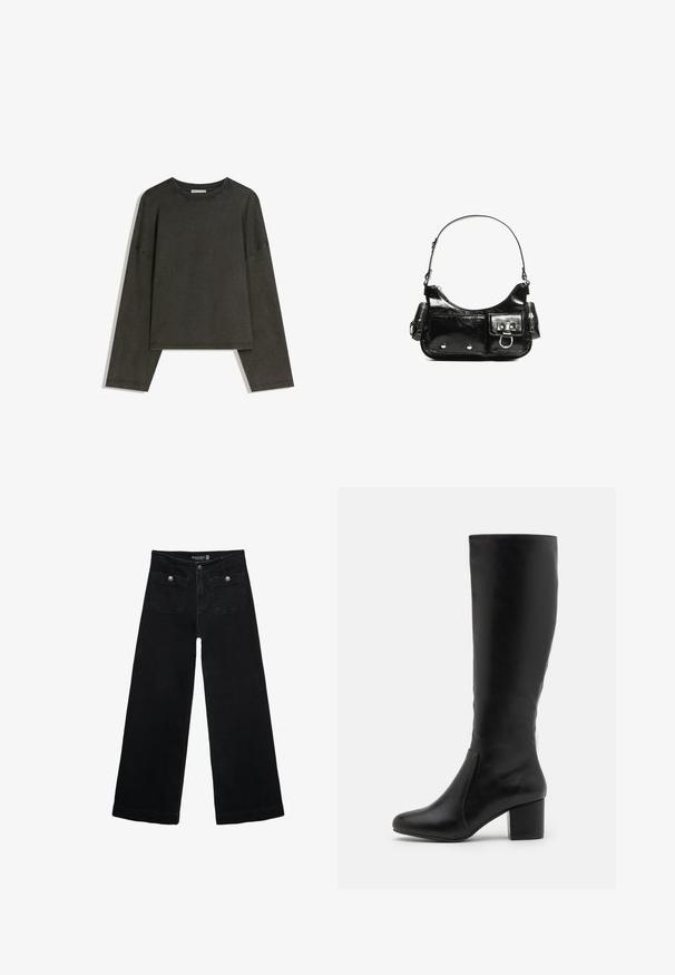 Maglia a maniche lunghe grigio scuro realizzata in un mix di cotone. Ha una forma ampia con scollatura rotonda e spalle scese, con cuciture visibili.; Jeans neri a gamba larga con vita alta, dotati di due tasche frontali e dettagli in metallo sui bottoni. Il tessuto ha una texture liscia.; Stivali neri in pelle al ginocchio con una texture liscia, punta rotonda, pannello laterale e tacco squadrato spesso.; Borsa a spalla in vernice nera con forma curvata, una tracolla, tasche frontali e dettagli in metallo argentato.