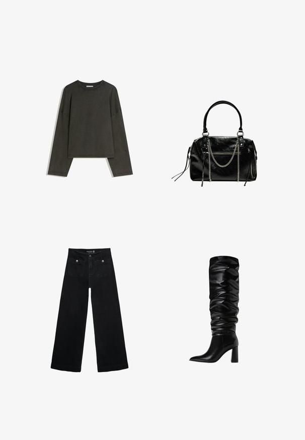 Tummanharmaa pitkähihainen paita, joka on valmistettu puuvillasekoitekankaasta. Laatikkomainen muoto, jossa on pyöreä pääntie ja tiputetut olkapäät, sisältäen näkyvää ommelta.; Mustat leveälahkeiset farkut korkean vyötärön kanssa, joissa on kaksi etutaskua ja metalliset nappikoristeet. Kangas on sileä.; Polvisen korkeudelle ulottuvat mustat nahkasaappaat, joissa on löysä muotoilu, teräväkärkinen ja paksupohjainen korko, sekä sileä, kiiltävä pinta.; Bershka WITH CHAIN - Käsilaukku - black