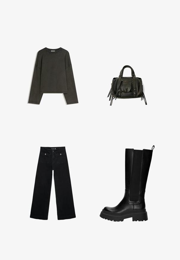 Donkergrijze lange-mouwen top gemaakt van een katoenmix. Boxy vorm met een ronde halslijn en verlaagde schouders, met zichtbare stiksels.; Zwarte wijdpijpjans met een hoge taille, voorzien van twee voorzakken en metalen knoopaccenten. De stof heeft een gladde textuur.; Knielange zwarte leren laarzen met elastische zijpanelen, stevige rubberen zool en een stevige hak. Gladde textuur met minimale stikdetails.; Zwarte lederen handtas met gevlochten handvatten, ritsvak en hangende franjes. Gelaagde oppervlakte met metalen studs en hardwareaccenten.