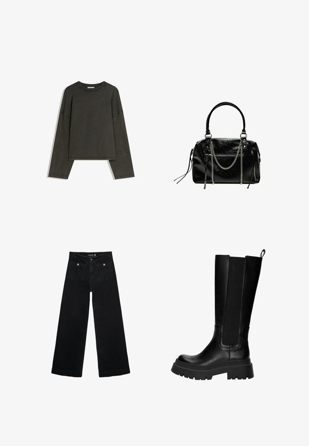 Dark grey long-sleeve top made of cotton-blend fabric. Boxy shape with a round neckline and dropped shoulders, featuring visible stitching.; Black wide-leg jeans with a high waist, featuring two front pockets and metal button accents. The fabric has a smooth texture.; Knee-high black leather boots with elastic side panels, sturdy rubber sole, and a chunky heel. Smooth texture with minimal stitching details.; Bershka WITH CHAIN - Handbag - black