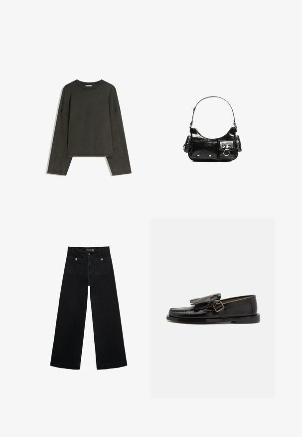 Tamna siva majica dugih rukava izrađena od pamuka i elastina. Kutni kroj s okruglim izrezom i spuštenim ramenima, s vidljivim šavovima.; Crne široke traperice s visokim strukom, koje imaju dva prednja džepa i metalne gumbe kao ukrase. Tkanina ima glatku teksturu.; Crne kožne mokasine s sjajnom završnom obradom, s dekorativnom resicom i detaljem kopče. Niska potplata s minimalnim uzorkom.; Crna patentna kožna torba s zakrivljenim oblikom, jednim remenom za rame, prednjim džepovima i akcentima od srebrnog tona.