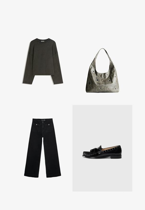 Haut à manches longues gris foncé en tissu mélangé coton. Forme oversize avec un col rond et des épaules basses, présentant des coutures visibles.; Jean's larges noires avec taille haute, dotés de deux poches avant et d'accents en métal sur les boutons. Le tissu a une texture lisse.; Mocassins en cuir noir avec des coutures décoratives, des clous en métal le long du dessus, un talon bas et un accent en forme de nœud texturé à l'avant.; Sac à main en cuir vert olive au design décontracté, avec des découpes circulaires de différentes tailles et des accents dans des teintes plus sombres et plus claires.