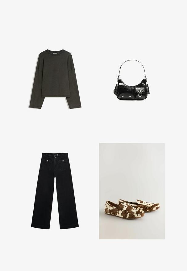 Dunkelgraues Langarmshirt aus Baumwoll-Mischgewebe. Boxy-Schnitt mit Rundhalsausschnitt und überschnittenen Schultern, mit sichtbaren Nähten.; Schwarze, weit geschnittene Jeans mit hoher Taille, die zwei Fronttaschen und metallene Knopfakzente aufweist. Der Stoff hat eine glatte Textur.; Lederhausschuh mit Kuhflecken, aus weichem Material gefertigt, mit braun-weißen Mustern, im Slip-On-Design und flacher Gummisohle.; Schwarze Lackleder-Handtasche mit geschwungenem Design, einem Schulterriemen, Vordertaschen und silberfarbenen Hardware-Akzenten.