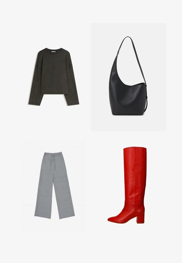 Donkergrijze lange-mouwen top gemaakt van een katoenmix. Boxy vorm met een ronde halslijn en verlaagde schouders, met zichtbare stiksels.; Grijze wijde broek gemaakt van een textuurstof met een subtiel verticaal streepjespatroon, voorzien van een elastische tailleband en een trekkoord.; Rode leren kniehoge laars met een puntige neus en een chunky blokhak, met een gladde textuur en een strak, modern ontwerp.; Zwarte leren hobo tas met een gladde textuur, kromme vorm en een enkele verstelbare schouderband; heeft een brede opening aan de bovenkant.