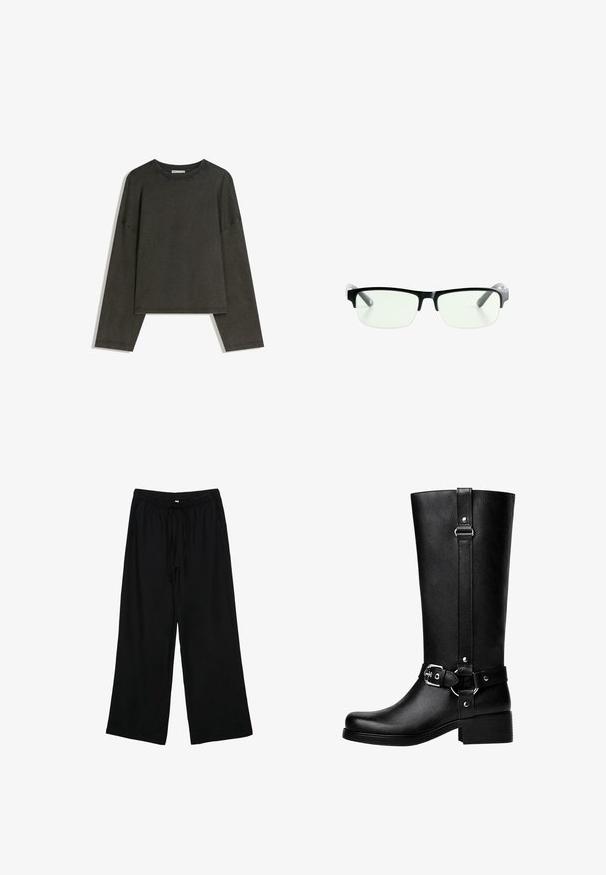 Donkergrijze lange-mouwen top gemaakt van een katoenmix. Boxy vorm met een ronde halslijn en verlaagde schouders, met zichtbare stiksels.; Zwarte, lichte wijde broek met een elastische tailleband en koord. Gladde textuur, geen zichtbare patronen of hardware.; Hoge zwarte neplederen laarzen met een ronde neus, accentriem met gespsleutel en een brede hak. Glad textuur en verticale naad op de schacht.; Zwarte rechthoekige bril met heldere glazen, uitgerust met slanke zwarte monturen en grijs transparante pootjes. Minimalistisch ontwerp, geen zichtbare merknaam.; Bruine suede handtas met twee bovenhandvatten en een verstelbare schouderriem. Heeft een gestructureerde vorm en een minimalistisch ontwerp.