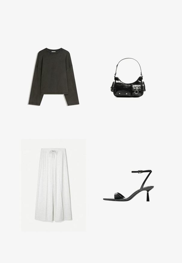 Donkergrijze lange-mouwen top gemaakt van een katoenmix. Boxy vorm met een ronde halslijn en verlaagde schouders, met zichtbare stiksels.; Lichtgrijze wijde broek van zachte stof, met een elastische tailleband voorzien van een trekkoord en voorzakken.; Bershka Sandalen met hoge hak - black; Zwarte laarzen in lakleer met een gebogen vorm, één schouderband, voorvakken en accenten in zilverkleurig metaal.