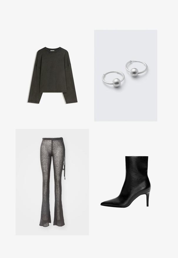 Mörkgrå långärmad topp i en bomullsblandning. Boxig form med rund halsringning och sänkt axel, med synliga sömmar.; Uppblåsta, stickade byxor i mörkgrått med ett öppet vävdesign. Har en dragsko i midjan och en texturerad tyg.; Svarta läderankelstövlar med spetsig tå och smal klack i medelhöjd, slät textur och utan synliga knäppningar.; Silverfärgade hoops med en slät, sfärisk detalj. Ytan är dämpad och polerad, vilket skapar en stilren, minimalistisk design.