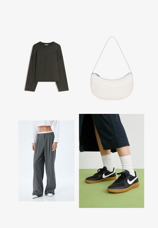 Ciemnoszara bluzka z długim rękawem wykonana z mieszanki bawełny. Prosty krój z okrągłym dekoltem i opuszczonymi ramionami, z widocznymi szwami.; Koton - Spodnie materiałowe; Czarne skórzane i syntetyczne sneakersy z białym logo Nike, gumową podeszwą, okrągłym noskiem i czarnymi sznurowadłami. Widziane są ribbowane białe skarpetki.; PULL&BEAR HALF MOON biały