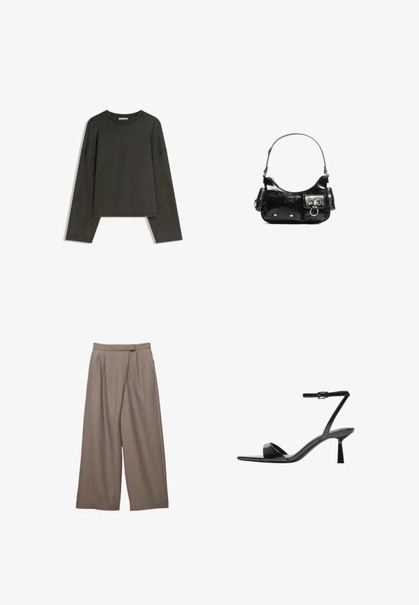 Tricou lung cu maneci gri închis, realizat dintr-un amestec de bumbac. Formă pătrată cu guler rotund și umeri căzuți, prezentând cusături vizibile.; Pantaloni largi dintr-un material bej deschis, cu pliuri la talie și o textură fină. Design cu buzunare laterale pentru confort.; Bershka Sandale cu toc - black; Geantă de mână din piele lăcuită neagră, cu o formă curbată, un umăr, buzunare frontale și accente din metal argintiu.