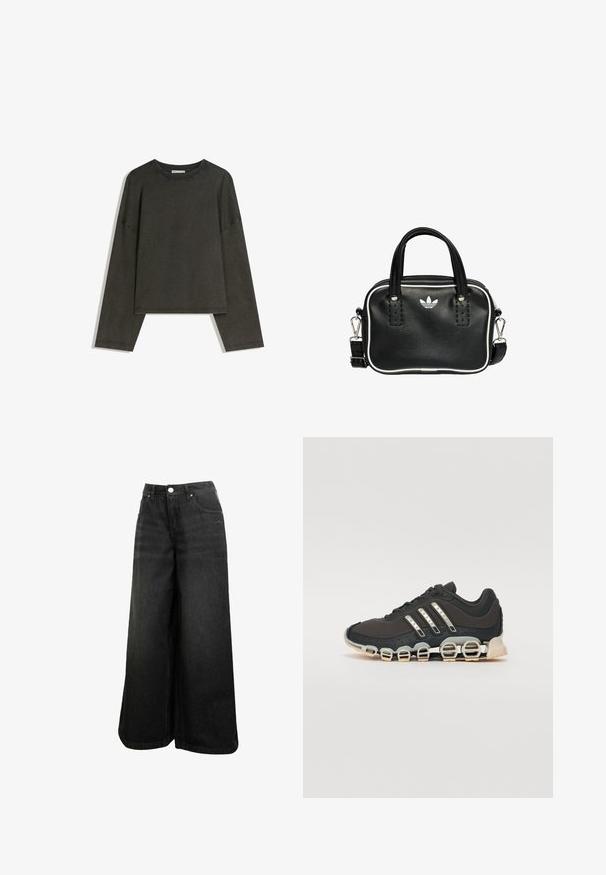Tmavě šedý dlouhý rukáv top vyrobený z bavlněné směsi. Krabicový střih s kulatým výstřihem a spadlými rameny, s viditelným šitím.; Černé široké džínové kalhoty s vysokým pasem, předním knoflíkem, kapsami a jemným logem na přední kapse.; Černá atletická bota s texturovaným svrškem, třemi stříbrnými pruhy a výraznou odpruženou podrážkou se spoustou integrovaných sekcí.; Černá kožená kabelka se dvěma krátkými uchy, stříbrným kováním, bílými detaily a bílým logem. Má texturovaný povrch a kompaktní design.