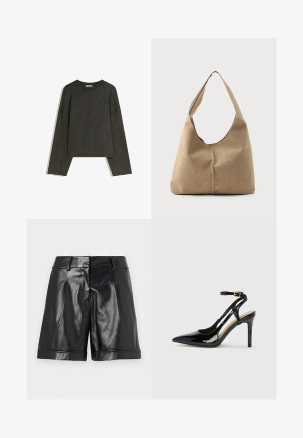 Tmavě šedý dlouhý rukáv top vyrobený z bavlněné směsi. Krabicový střih s kulatým výstřihem a spadlými rameny, s viditelným šitím.; Černé kožené šortky s lesklým povrchem, předními sklady a ohrnutým lemem. Elegantní design s upraveným pasem a minimálním kováním.; Černé lakované kožené lodičky na vysokém podpatku s špičatou špičkou, nastavitelným páskem kolem kotníku a otevřenými stranami. Hladká textura.; Taška hobo v měkké béžové semišové kůži s uvolněným tvarem, širokým ramenním popruhem a ručně šitým švem na přední straně.