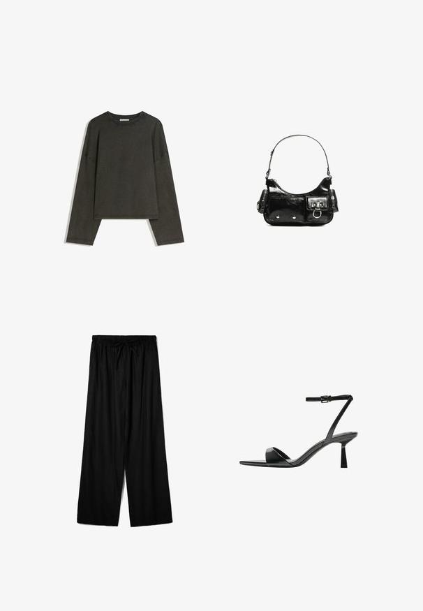 Ciemnoszara bluzka z długim rękawem wykonana z mieszanki bawełny. Prosty krój z okrągłym dekoltem i opuszczonymi ramionami, z widocznymi szwami.; Czarne spodnie szerokie z lekkiego materiału, wyposażone w elastyczny pasek w talii z sznurkiem do regulacji dopasowania. Gładka faktura.; Bershka - Sandały na obcasie; Czarna torebka z lakierowanej skóry o zaokrąglonym kształcie, z jednym paskiem na ramię, przednimi kieszeniami i akcentami w kolorze srebrnym.