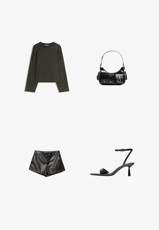 Dunkelgraues Langarmshirt aus Baumwoll-Mischgewebe. Boxy-Schnitt mit Rundhalsausschnitt und überschnittenen Schultern, mit sichtbaren Nähten.; Schwarze Lederhorts mit maßgeschneidertem Design, seitlichen Taschen, einer vorderen Knopfverschlüsse und glatter, glänzender Textur.; Bershka High Heel Sandalette - black; Schwarze Lackleder-Handtasche mit geschwungenem Design, einem Schulterriemen, Vordertaschen und silberfarbenen Hardware-Akzenten.
