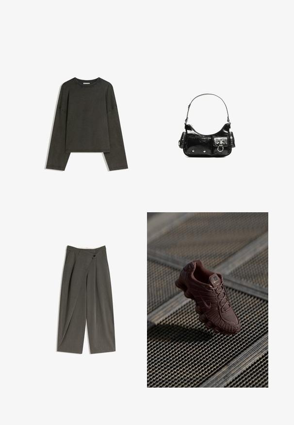 Maglia a maniche lunghe grigio scuro realizzata in un mix di cotone. Ha una forma ampia con scollatura rotonda e spalle scese, con cuciture visibili.; Pantaloni a gamba larga in un tessuto grigio scuro. Presentano una parte anteriore piatta, tasche laterali e una chiusura con un solo bottone. Tessuto liscio, vestibilità sartoriale.; Sneaker Nike marrone con una parte superiore in mesh testurizzato, suola curva distintiva e colletto imbottito, mostrato su uno sfondo a motivi.; Borsa a spalla in vernice nera con forma curvata, una tracolla, tasche frontali e dettagli in metallo argentato.