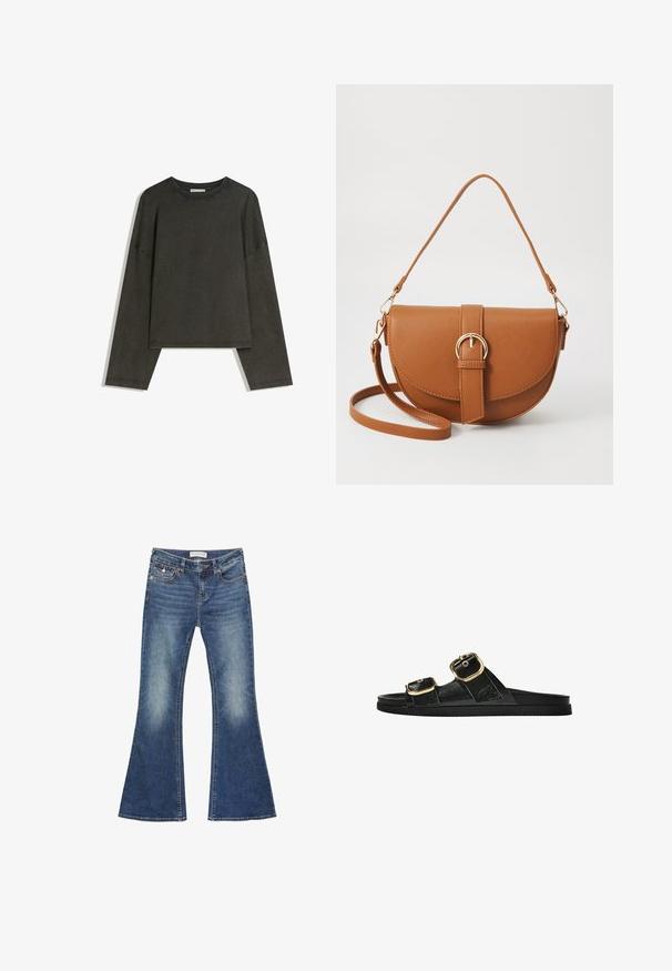 Temno siva dolga majica z dolgimi rokavi, izdelana iz bombažnega vlakna. Ima kvadratno obliko, okrogel izrez in spuščene ramena, z vidnimi šivi.; Jeans z razširjenimi hlačnicami iz jeansa v srednji modri barvi z detajli zbledelosti. Imajo klasičen dizajn s petimi žepi, kontrastne šive in zaponko na gumb.; Črne drsne sandale z dvema zlatima zaponkama, gladkega materiala, ravnim podplatom in minimalističnim dizajnom.; Rjava usnjena torbica prek telesa s ukrivljeno obliko, zlate opreme in sponko. Ima odstranljiv naramni trak.