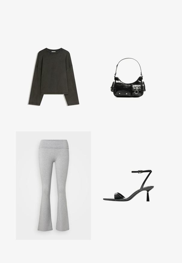 Tamna siva majica dugih rukava izrađena od pamuka i elastina. Kutni kroj s okruglim izrezom i spuštenim ramenima, s vidljivim šavovima.; Sive široke tajice s udobnim pojasom, izrađene od mekog, rastezljivog materijala, s glatkom teksturom i bez vidljivih uzoraka.; Bershka Sandale s visokom petom - black; Crna patentna kožna torba s zakrivljenim oblikom, jednim remenom za rame, prednjim džepovima i akcentima od srebrnog tona.