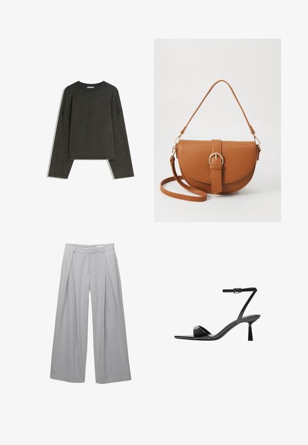 Haut à manches longues gris foncé en tissu mélangé coton. Forme oversize avec un col rond et des épaules basses, présentant des coutures visibles.; Pantalons larges gris clair, fabriqués en tissu texturé, avec des plis à l'avant, des passants de ceinture et une taille ajustée. Pas de fermetures visibles.; Bershka Sandales à talons hauts - black; Sac bandoulière en cuir marron avec une forme incurvée, quincaillerie dorée et un accent en boucle. Comprend une bandoulière détachable.