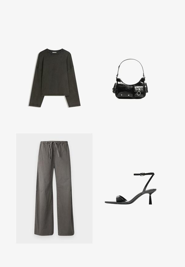 Temno siva dolga majica z dolgimi rokavi, izdelana iz bombažnega vlakna. Ima kvadratno obliko, okrogel izrez in spuščene ramena, z vidnimi šivi.; Hlače širokih nogavic iz slivovo sive tkanine, z elastičnim pasom in vrvico ter stranskimi žepi za praktičnost.; Bershka Sandali z visoko peto - black; Črna lakasta usnjena torbica s ukrivljeno obliko, enim ramenskim trakom, sprednjimi žepi in srebrnimi kovinskimi dodatki.