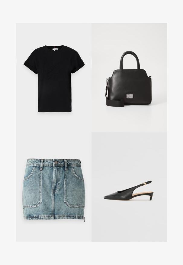 Fekete pamut póló, feltekerhető rövid ujjal, középen domború logóval és egy kis zászló részlettel az oldalon.; Világoskék farmer mini szoknya, öt zsebes kialakítással, övhurkokkal, fémből készült gombos záródással és kontrasztos varrással.; Fekete bőr slingback sarkú cipő, hegyes orral, alacsony sarokkal és állítható bokapánttal, aranyszínű csattal. Simább textúra.; Fekete szintetikus kézitáska, felső fogantyúkkal, levehető vállpánttal, kerek formával, sima textúrával és ezüst logóval az elején.