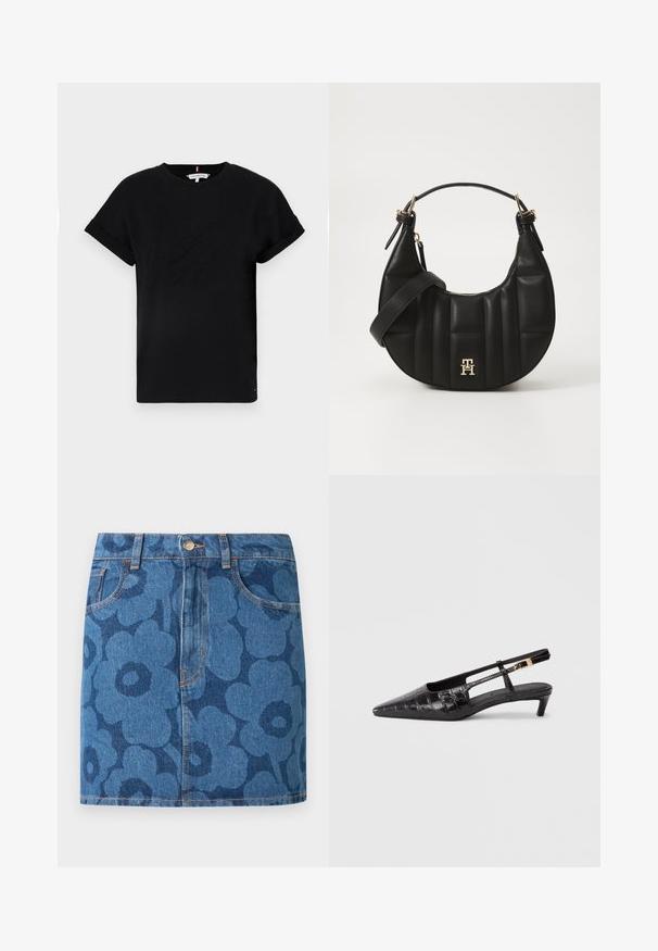 Fekete pamut póló, feltekerhető rövid ujjal, középen domború logóval és egy kis zászló részlettel az oldalon.; Farmer miniszoknya sötétkék virágmintával, elülső zsebekkel, övbújtatókkal és gombos rögzítéssel deréktájon.; Fekete bőr, hegyes orrú, slingback cipő krokodilmintázattal, kis rakott sarokkal és állítható pánttal, fémes csattal.; Fekete bőrtáska ívelt formával, steppelt textúrával és arany hardware-rel. Levehető vállpánttal és logó részlettel rendelkezik.