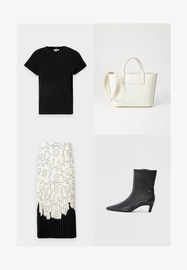 T-shirt preta de algodão com mangas curtas dobradas, apresentando um logotipo em relevo no centro e um pequeno detalhe de bandeira na lateral.; Saia plissada com um padrão floral preto e branco, apresentando uma parte superior clara com flores e uma bainha inferior preta sólida.; Botas de tornozelo em couro preto com bico pontiagudo e salto baixo. Apresenta uma textura suave e um pequeno detalhe em logotipo dourado de um lado.; Bolsa de mão em imitação de couro branco, com alças curtas, alça de ombro ajustável e acabamentos em tom dourado; apresenta um logo discreto na parte da frente.
