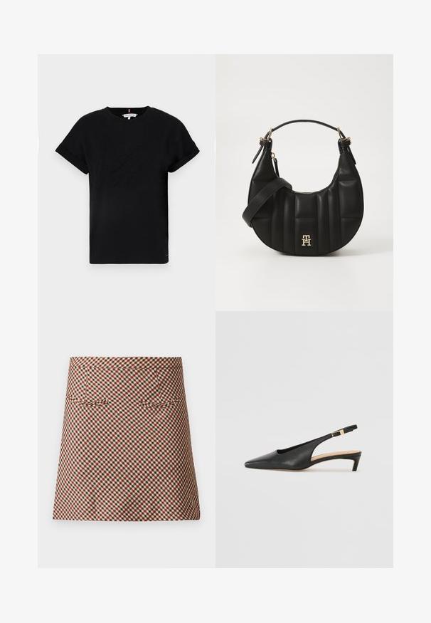 Czarna bawełniana koszulka z krótkimi, podwiniętymi rękawami, z wytłoczonym logo na środku i małym akcentem flagi z boku.; Krótka spódnica w kratkę z wzorem w czerwono-czarną kratę i kremowymi akcentami. Posiada gładką teksturę oraz dwie przednie kieszenie.; Czarne skórzane buty na obcasie typu slingback z ostrym noskiem, niskim obcasem i regulowanym paskiem na kostkę z złotym zapięciem. Gładka faktura.; Czarna skórzana torebka o zakrzywionym kształcie, pikowanej fakturze i złotych akcentach. Posiada odpinany pasek na ramię oraz detal z logo.
