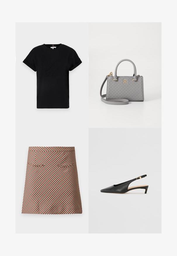 Črna bombažna majica s kratkimi rokavi, ki je zavita, z reljefnim logotipom na sredini in majhnim naglasnim zastavnim motivom na strani.; Kratka karirana krila s karo vzorcem v rdeči, črni in krem barvi. Ima gladko teksturo in dva sprednja žepa.; Črne usnjene slingback pete s koničastim nosom, nizko peto in nastavljivim gležnenim trakom, ki ima zaponko z zlatim odtenkom. Gladka tekstura.; Tommy Hilfiger ETERNITY MICRO TOTE MONO - Torbica - universal grey