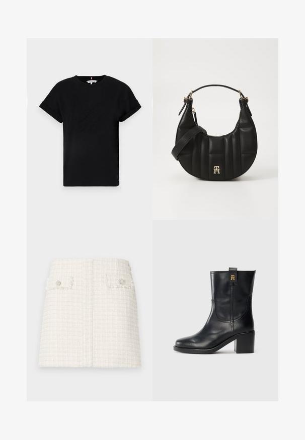 Sort bomulds T-shirt med rullede korte ærmer, der har et præget logo i midten og en lille flagdetalje på siden.; Hvid tweed mini-skort med et tekstureret, ternet mønster. Har to frontlommer med klap og dekorative knapper. Lige nederkant design.; Sorte læderstøvler til midt på læggen med blokhæl og guld "TH" logo på løftestation mod hvid baggrund.; Sort læderhandtaske med en bøjelig form, kviltet tekstur og guld hardware. Har en aftagelig skulderrem og logo-detalje.