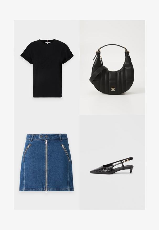 Fekete pamut póló, feltekerhető rövid ujjal, középen domború logóval és egy kis zászló részlettel az oldalon.; Sötétkék farmer szoknya, két elülső cipzáras zsebbel és középen cipzárral záródik. Egyenes szabású, minimális varrási részletekkel.; Fekete bőr, hegyes orrú, slingback cipő krokodilmintázattal, kis rakott sarokkal és állítható pánttal, fémes csattal.; Fekete bőrtáska ívelt formával, steppelt textúrával és arany hardware-rel. Levehető vállpánttal és logó részlettel rendelkezik.