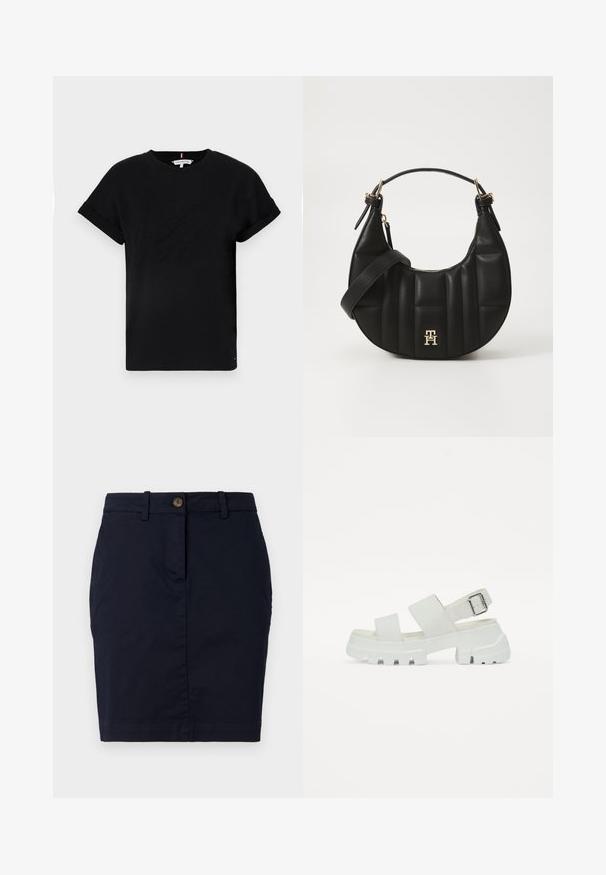 T-shirt nera in cotone con maniche corte arrotolate, caratterizzata da un logo in rilievo al centro e un piccolo dettaglio a bandiera sul lato.; Gonna di cotone blu navy con una vestibilità slim, dotata di chiusura a bottoni, passanti per la cintura e orlo pulito. Tessuto morbido senza motivi visibili.; Sandali bianchi con suola spessa, caratterizzati da due larghe cinghie e un dettaglio fibbia sulla cinghia alla caviglia. Texture liscia, design minimalista.; Borsa a spalla in pelle nera con forma curva, texture trapuntata e dettagli in oro. Presenta una tracolla removibile e dettaglio del logo.