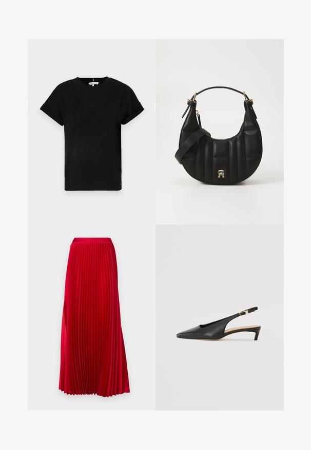 Mustapaita, jossa on lyhyet käärityt hihat, keskellä kohokuvioitu logo ja sivussa pieni lipputunnus.; JOOP! Maksihame - dark red; Musta nahkainen slingback-korkokenkä, jossa on terävä nenä, matala korko ja säädettävä nilkkarengas, jossa on kultasävyinen solki. Suora pinta.; Musta nahkalaukku, jossa on kaareva muoto, tikattu pinta ja kultaiset yksityiskohdat. Varustettu irrotettavalla olkahihnalla ja logopotkalla.