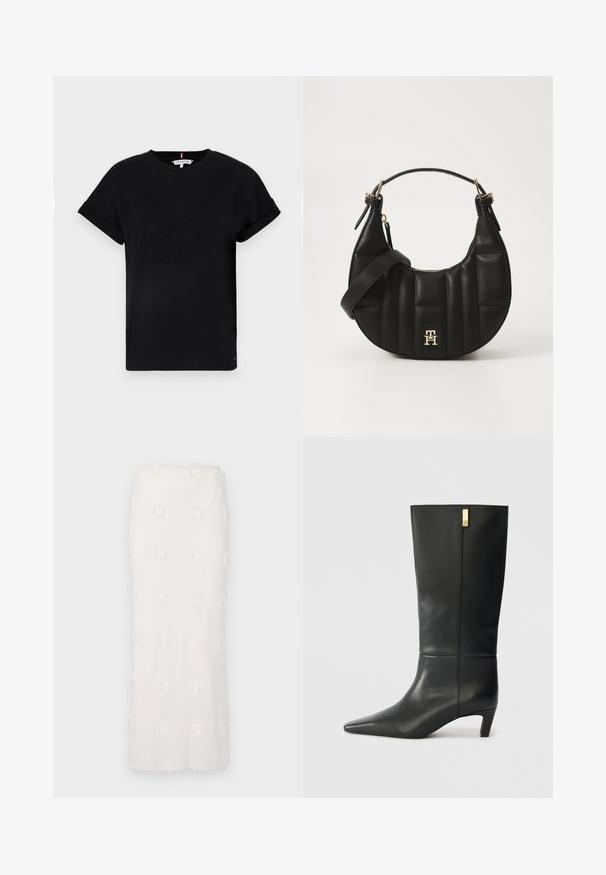 Black cotton t-shirt with rolled short sleeves, featuring an embossed logo in the center and a small flag accent on the side.; White knee-length skirt made of textured fabric, featuring an embroidered pattern with subtle fringing. Straight cut and seamless waistband.; Black leather knee-high boot with a pointed toe and a small heel. Features a sleek design with a gold accent detail. Smooth texture.; Black leather handbag with a curved shape, quilted texture, and gold hardware. Features a detachable shoulder strap and logo detail.