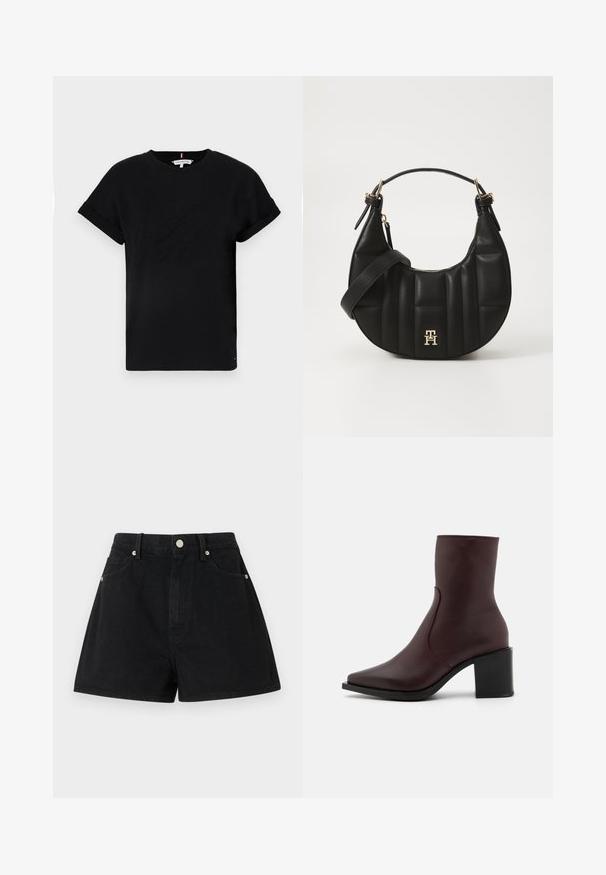 Fekete pamut póló, feltekerhető rövid ujjal, középen domború logóval és egy kis zászló részlettel az oldalon.; Fekete farmer rövidnadrág magas derékkal, öt zsebbel, ezüst kiegészítőkkel és standard szabással, sima textúrával és letisztult kidolgozással.; Zign LEATHER - Klasszikus bokacsizmák - bordeaux; Fekete bőrtáska ívelt formával, steppelt textúrával és arany hardware-rel. Levehető vállpánttal és logó részlettel rendelkezik.