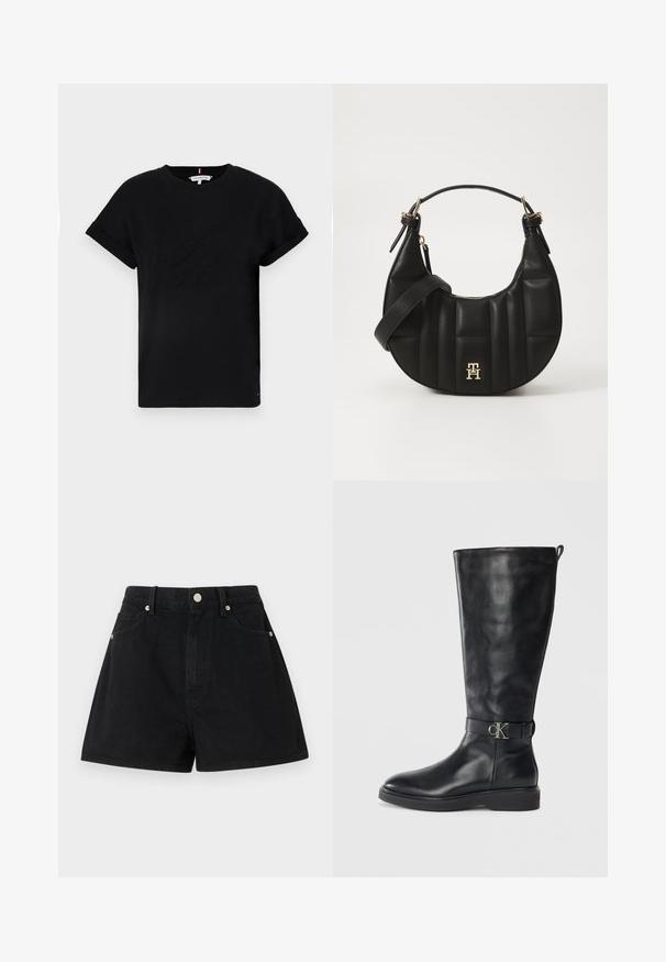 Camiseta de algodón negra con mangas cortas enrolladas, que presenta un logotipo en relieve en el centro y un pequeño acento de bandera en el lateral.; Bermudas de mezclilla negra con cintura alta, cinco bolsillos, herrajes en plata y un ajuste estándar, que cuentan con una textura suave y un acabado limpio.; Bota de cuero negro hasta la rodilla con tacón bajo, punta redonda y correa con hebilla metálica de logo "CK" alrededor del tobillo.; Bolso de cuero negro con forma curvada, textura acolchada y herrajes dorados. Presenta una correa de hombro desmontable y un detalle de logo.