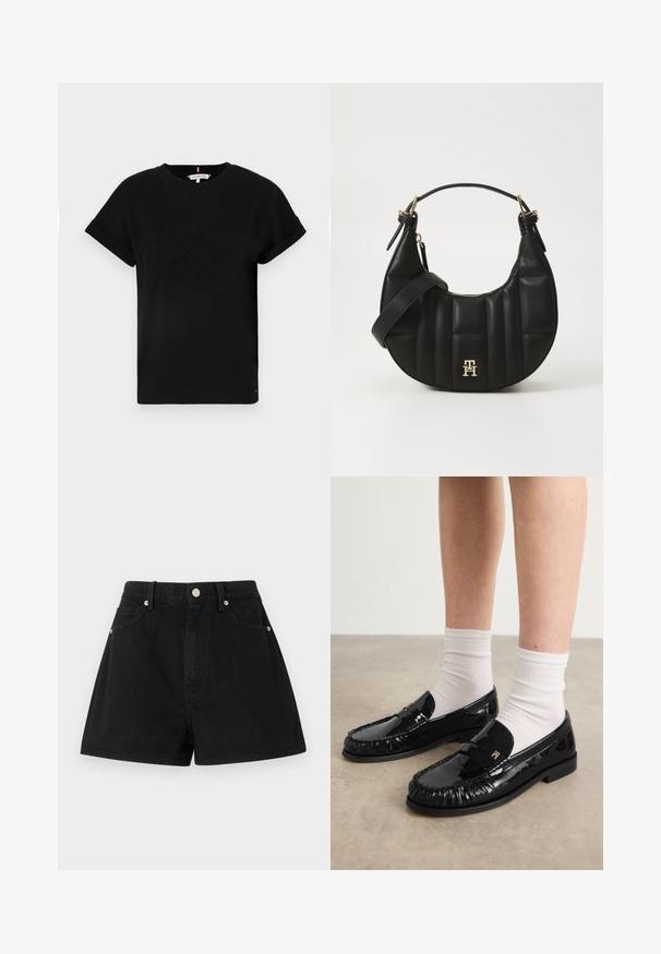 Black cotton t-shirt with rolled short sleeves, featuring an embossed logo in the center and a small flag accent on the side.; Black denim shorts with a high waist, five pockets, silver hardware, and a standard fit, featuring a smooth texture and clean finishing.; Black patent leather loafers with a fringed design, accented with a small metal logo and worn with white ankle socks. Flat sole.; Black leather handbag with a curved shape, quilted texture, and gold hardware. Features a detachable shoulder strap and logo detail.