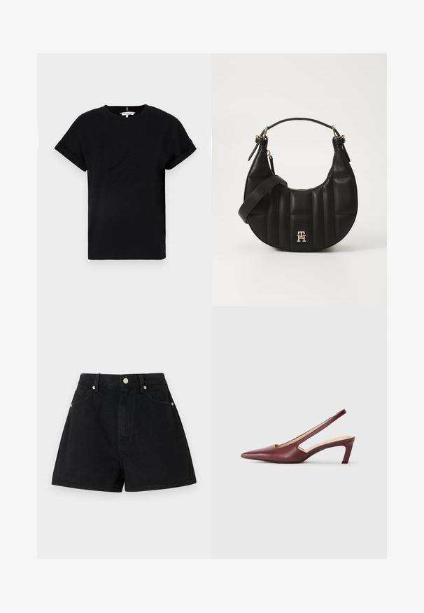 T-shirt en coton noir avec des manches courtes roulées, ornée d'un logo en relief au centre et d'un petit accent drapeau sur le côté.; Shorts en denim noir taille haute, cinq poches, accessoires en métal argenté et coupe standard, présentant une texture lisse et des finitions soignées.; Escarpins bordeaux à bride arrière avec un bout pointu, des découpes sur le côté et un talon bloc de hauteur moyenne. Finition en cuir lisse.; Sac à main en cuir noir avec une forme incurvée, texture matelassée et quincaillerie dorée. Dispose d'une bandoulière amovible et d'un détail de logo.