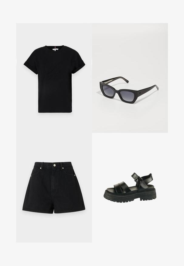 Black cotton t-shirt with rolled short sleeves, featuring an embossed logo in the center and a small flag accent on the side.; Black denim shorts with a high waist, five pockets, silver hardware, and a standard fit, featuring a smooth texture and clean finishing.; Black leather sandals with three wide straps and adjustable ankle buckle. Thick rubber sole with textured tread for grip.; Black cat-eye sunglasses with gradient lenses, thick frames, and straight arms. Features a subtle logo on the temples.; Black leather handbag with a curved shape, quilted texture, and gold hardware. Features a detachable shoulder strap and logo detail.