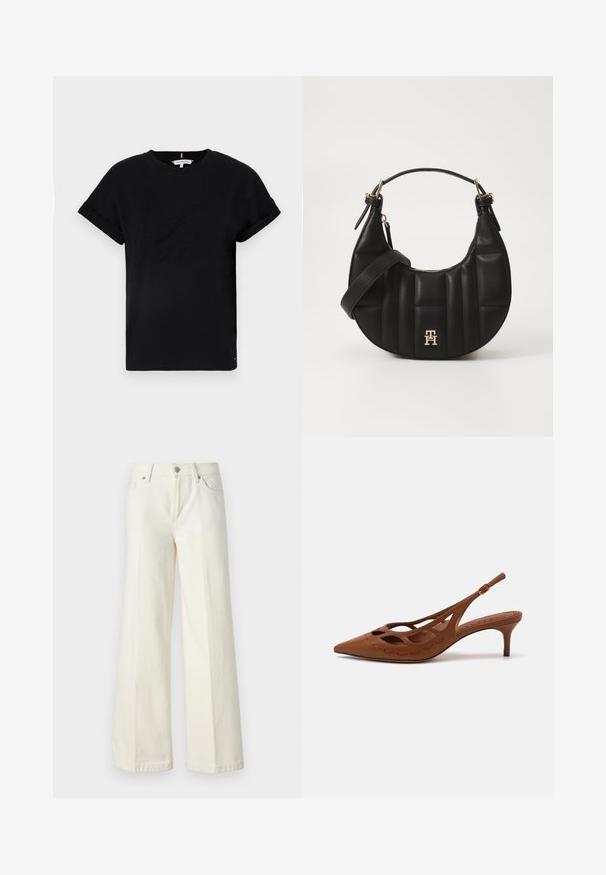 Juodas medvilninis marškinėliai su trumpomis apvyniotomis rankovėmis, turintys reljefinį logotipą centre ir mažą vėliavėlės akcentą šone.; Platūs balti džinsai, pagaminti iš medvilnės mišinio. Yra užtrauktukas, penkių kišenių dizainas ir siūlės išsiuvinėjimas.; Rudas odinė slingback aukštakulnė su smailiu pirštu, išpjovimo dizainu ir siuvinėjimais. Turi siaurą kulną ir reguliuojamą dirželį.; Juodas odinis rankinukas, su išlenkta forma, siuvinėta tekstūra ir auksiniais akcentais. Pasižymi nuimamu peties diržu ir logotipo detale.