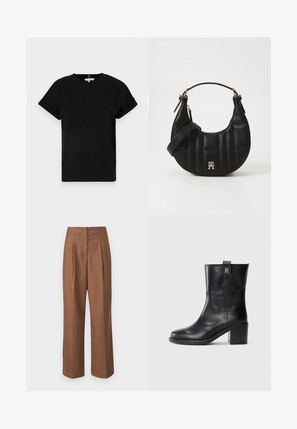 Svart bomull t-shirt med rullade korta ärmar, med en präglad logotyp i mitten och en liten flaggdetalj på sidan.; Bruna skräddarsydda byxor med hög midja, vida ben, framfickor och en slät textur. Inga synliga fickor eller utsmyckningar.; Svart läderstövel som går till mitten av vaden med klack och guld "TH"-logotyp på dragfliken mot vit bakgrund.; Svart läderhandväska med en böjd form, vadderad textur och guldfärgade detaljer. Har en avtagbar axelrem och logotypdetalj.